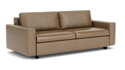 The Reva Storage Sofa features a light brown leather design with two seat cushions and two back cushions. It boasts wide armrests and short black legs, contributing to its modern and sleek appearance.