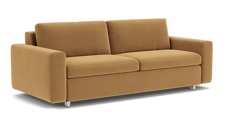 The Reva Storage Sofa, featuring a modern design with straight padded arms, two back cushions, and a clean minimalist style, rests on short metallic legs against a white background.