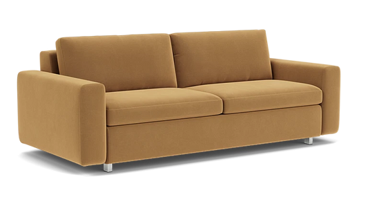 The Reva Storage Sofa, featuring a modern design with straight padded arms, two back cushions, and a clean minimalist style, rests on short metallic legs against a white background.