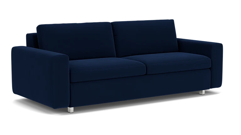 The Reva Storage Sofa in dark blue, featuring two cushions and metal legs, is set against a plain background.