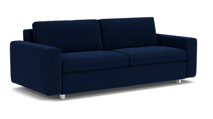 The Reva Storage Sofa in dark blue, featuring two cushions and metal legs, is set against a plain background.