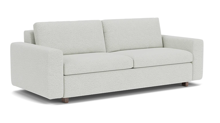 Introducing the Reva Storage Sofa: a modern piece in light gray featuring clean lines and two seat cushions. Its minimalist design is highlighted by square armrests and wooden legs, offering a contemporary look perfect for various interior styles.