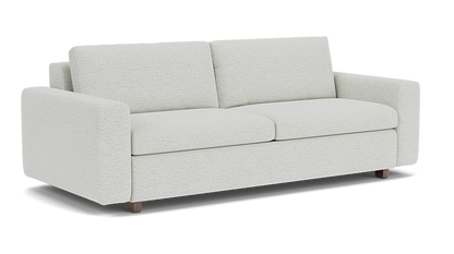 Introducing the Reva Storage Sofa: a modern piece in light gray featuring clean lines and two seat cushions. Its minimalist design is highlighted by square armrests and wooden legs, offering a contemporary look perfect for various interior styles.