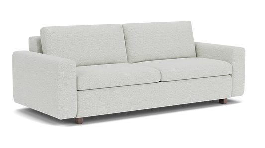 Introducing the Reva Storage Sofa: a modern piece in light gray featuring clean lines and two seat cushions. Its minimalist design is highlighted by square armrests and wooden legs, offering a contemporary look perfect for various interior styles.