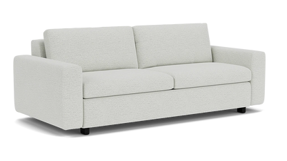 The Reva Storage Sofa is a light gray, two-seater with plush cushions and straight arms. It features a modern design with a textured fabric finish, and rests on low, dark wooden legs. The plain backdrop accentuates the sofa's elegance.