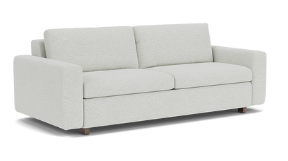 Introducing the Reva Storage Sofa: a two-seater in light gray, offering clean lines and plush cushions. This design is characterized by simple rectangular armrests and dark wooden legs.