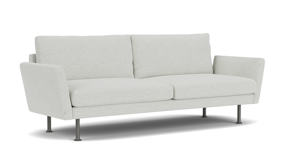 Introducing the Form 92" Sofa, a modern two-seater upholstered in light gray fabric with plush cushions and sleek metal legs. This sofa boasts clean lines and a minimalist design, making it an ideal fit for any contemporary living space.