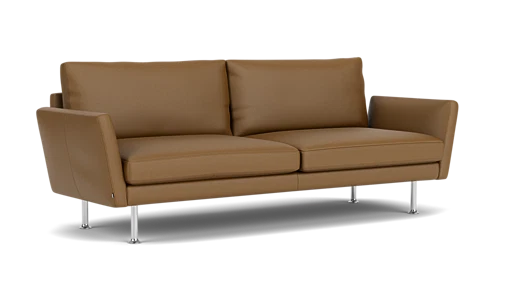 Form Sofa 92" is a contemporary brown leather sofa featuring two cushions and stylish metal legs, set against a white backdrop.