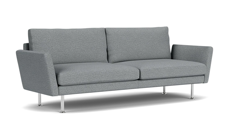 The Form 92" Sofa, featuring a sleek gray design with a modern aesthetic, comes with two cushions and metal legs. It is set against a plain black background and includes straight armrests.