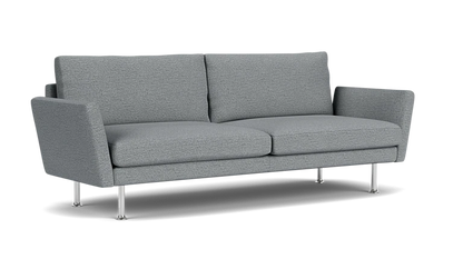 The Form 92" Sofa, featuring a sleek gray design with a modern aesthetic, comes with two cushions and metal legs. It is set against a plain black background and includes straight armrests.