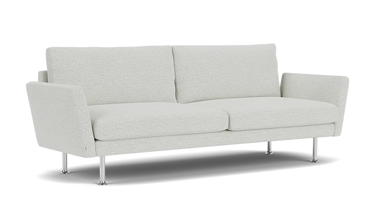 The Form 92" Sofa features a minimalist design in light gray, boasting sleek, angled armrests and metal legs on a white background. It comes with two seat cushions and two back cushions.