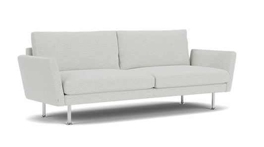 The Form 92" Sofa features a minimalist design in light gray, boasting sleek, angled armrests and metal legs on a white background. It comes with two seat cushions and two back cushions.