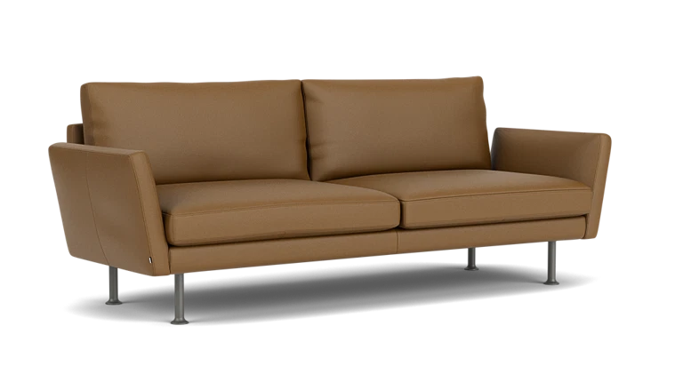 Introducing the Form Sofa 92" – a contemporary brown leather sofa featuring two cushion seats and backrests. It boasts sleek armrests and is supported by four metallic legs, making it an ideal choice for modern living spaces with its minimalist design.