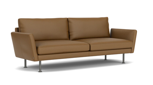 Introducing the Form Sofa 92" – a contemporary brown leather sofa featuring two cushion seats and backrests. It boasts sleek armrests and is supported by four metallic legs, making it an ideal choice for modern living spaces with its minimalist design.