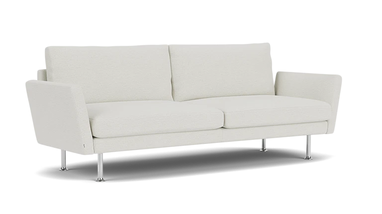 The Form 92" Sofa is a modern piece with clean lines, featuring two seat cushions and two back cushions. It has slim, angled armrests and stands on four sleek metal legs, exuding a minimalist and contemporary style.