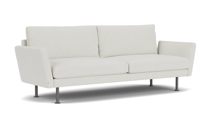 Introducing the Form 92" Sofa: a modern minimalist piece in white, showcasing a clean design with two back cushions and sleek metal legs. Its boxy shape is complemented by slightly angled armrests, all set against a plain black background.