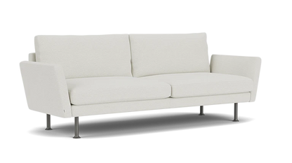 Introducing the Form 92" Sofa: a modern minimalist piece in white, showcasing a clean design with two back cushions and sleek metal legs. Its boxy shape is complemented by slightly angled armrests, all set against a plain black background.