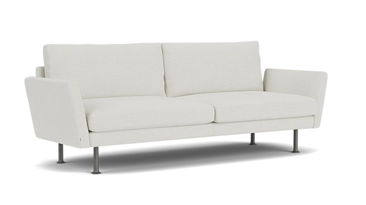 Introducing the Form 92" Sofa: a modern minimalist piece in white, showcasing a clean design with two back cushions and sleek metal legs. Its boxy shape is complemented by slightly angled armrests, all set against a plain black background.