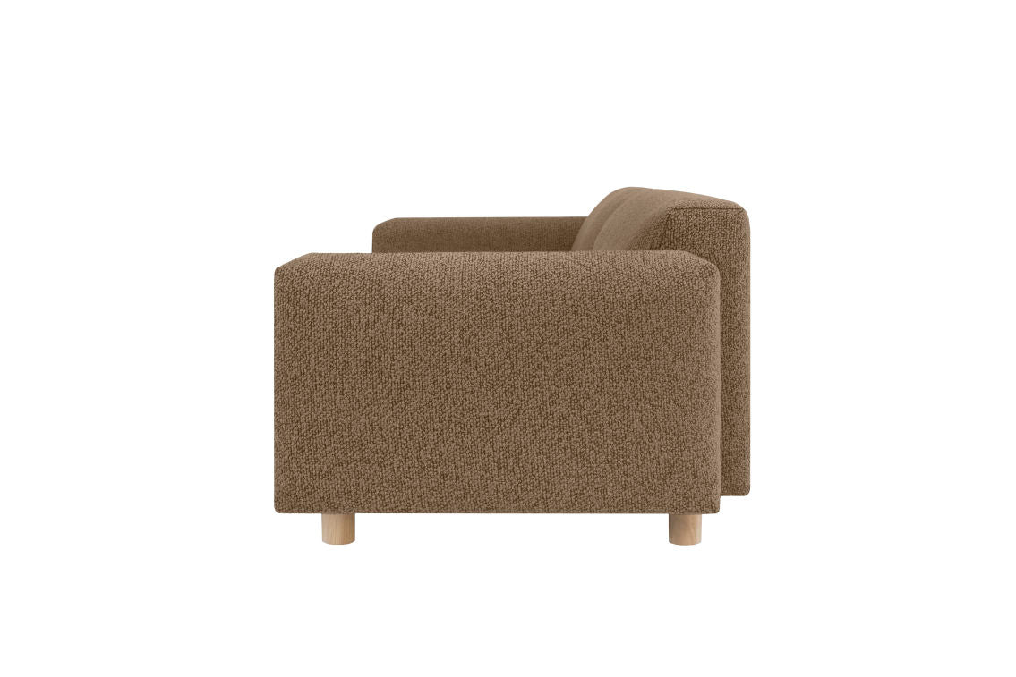 Side view of a contemporary rectangular Koti 2-seater Sofa with a brown textured finish and short wooden legs on a white background, featuring a minimalist design.