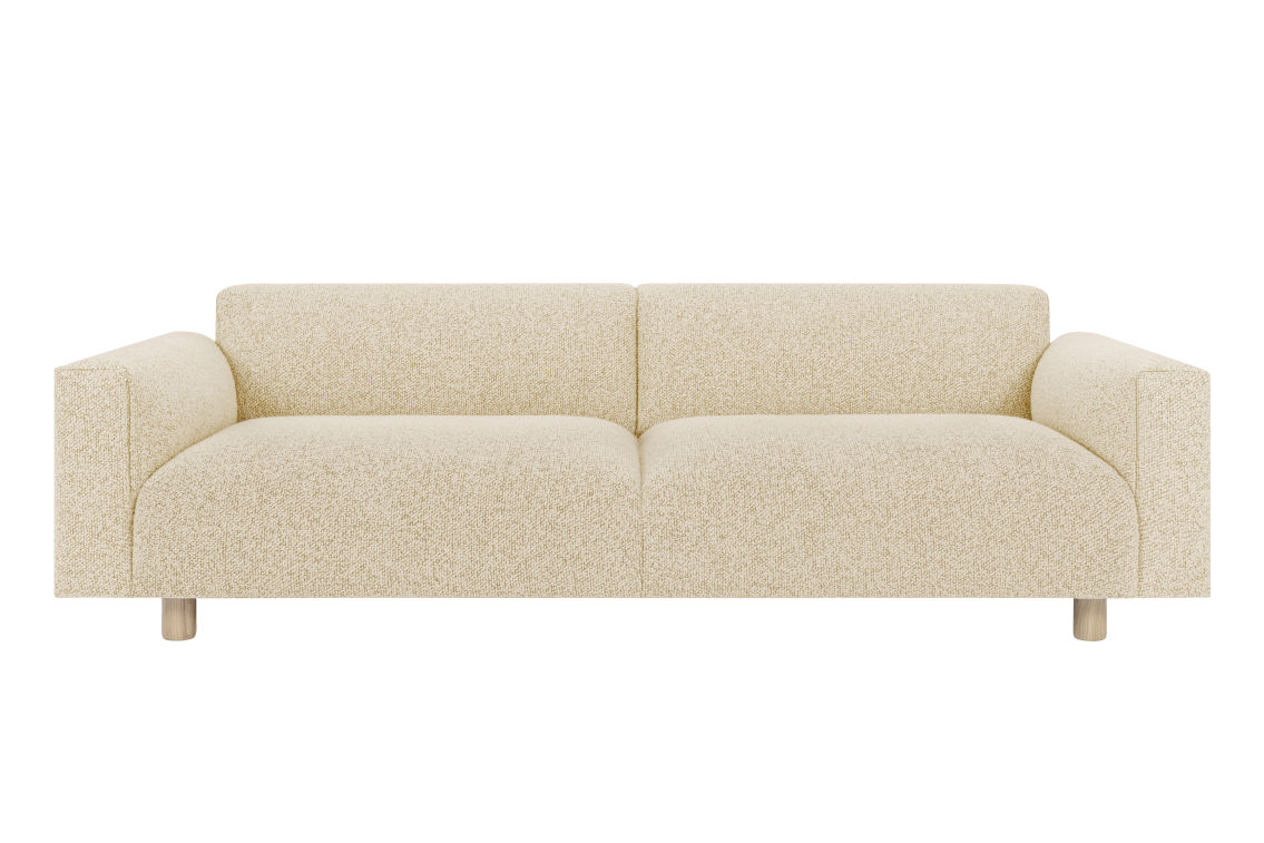 Introducing the Koti 3-seater Sofa: a modern and minimalist seating option in beige, featuring a speckled texture, wide armrests, and round wooden legs that exude simplistic style.