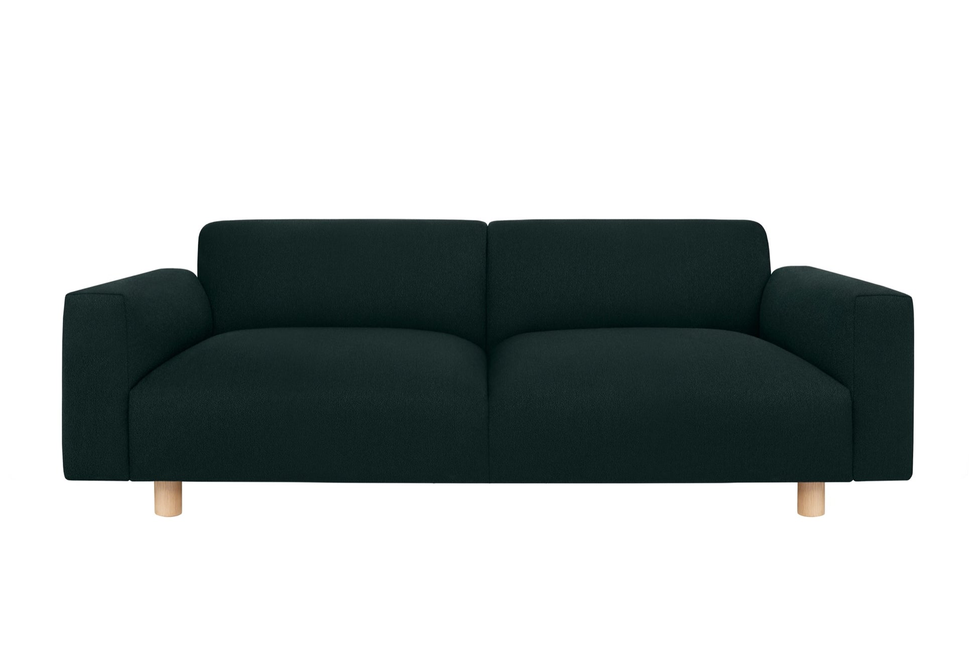 Introducing the Koti 2-seater Sofa, a dark green, modern masterpiece with a minimalist design. It features plush, flat cushions, wide armrests, and short wooden legs against a plain white backdrop.