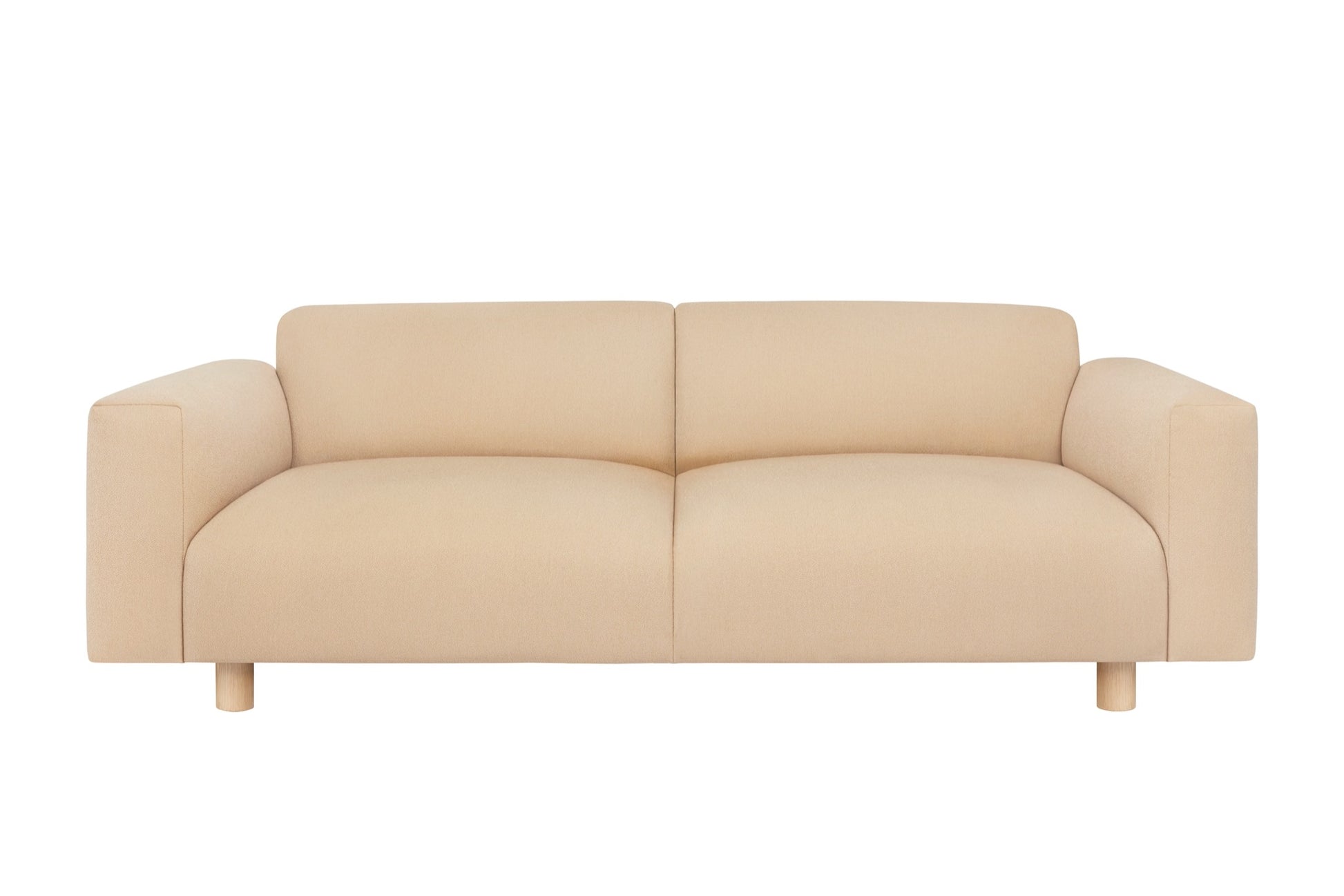 The Koti 2-seater Sofa boasts a minimalist beige design with modern flair, featuring wide armrests and a low profile, supported by short wooden legs and set against a white background.