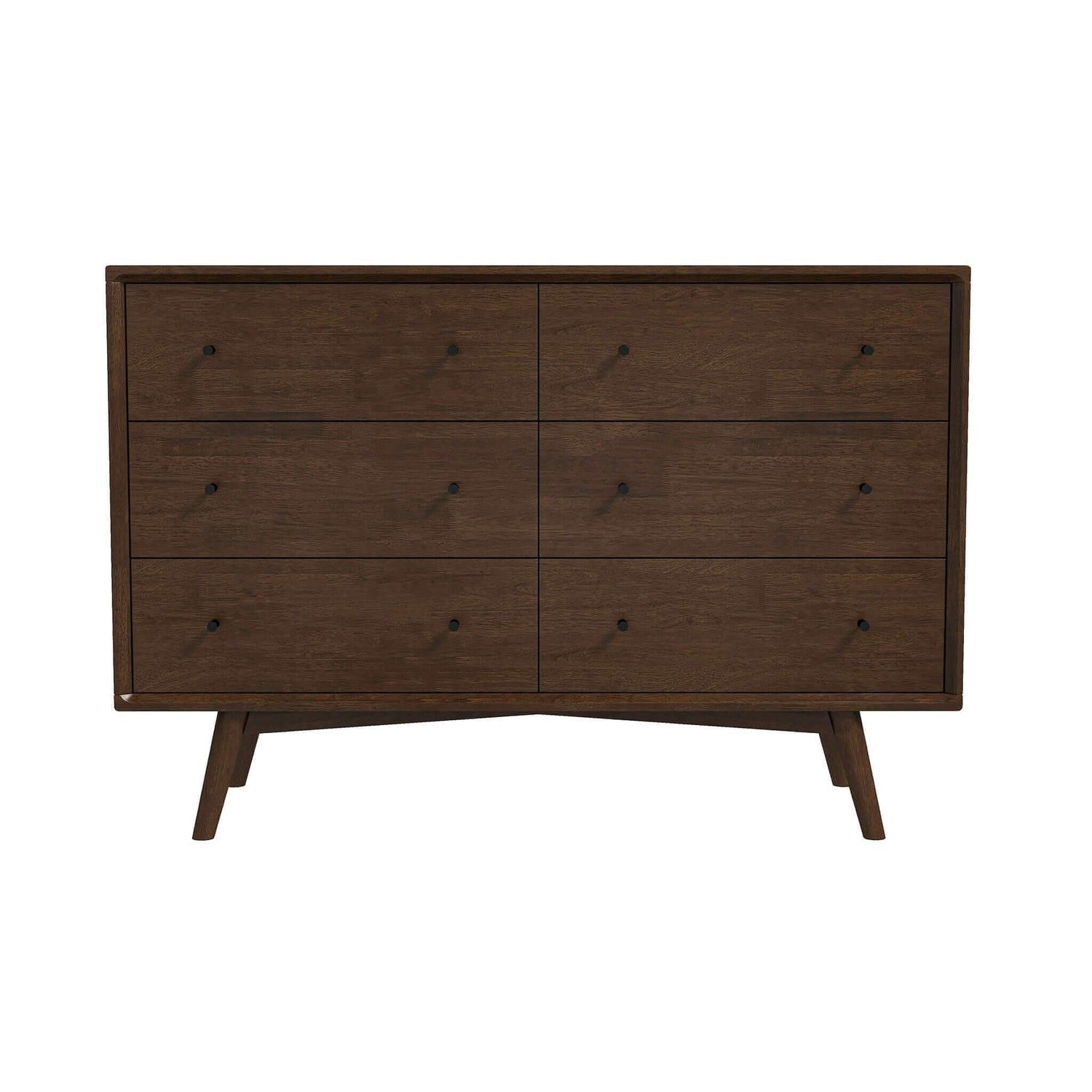 The Caroline Mid-Century Modern Dresser features six drawers with sleek black knobs, angled legs, and a dark brown finish, showcasing a simple and elegant design.