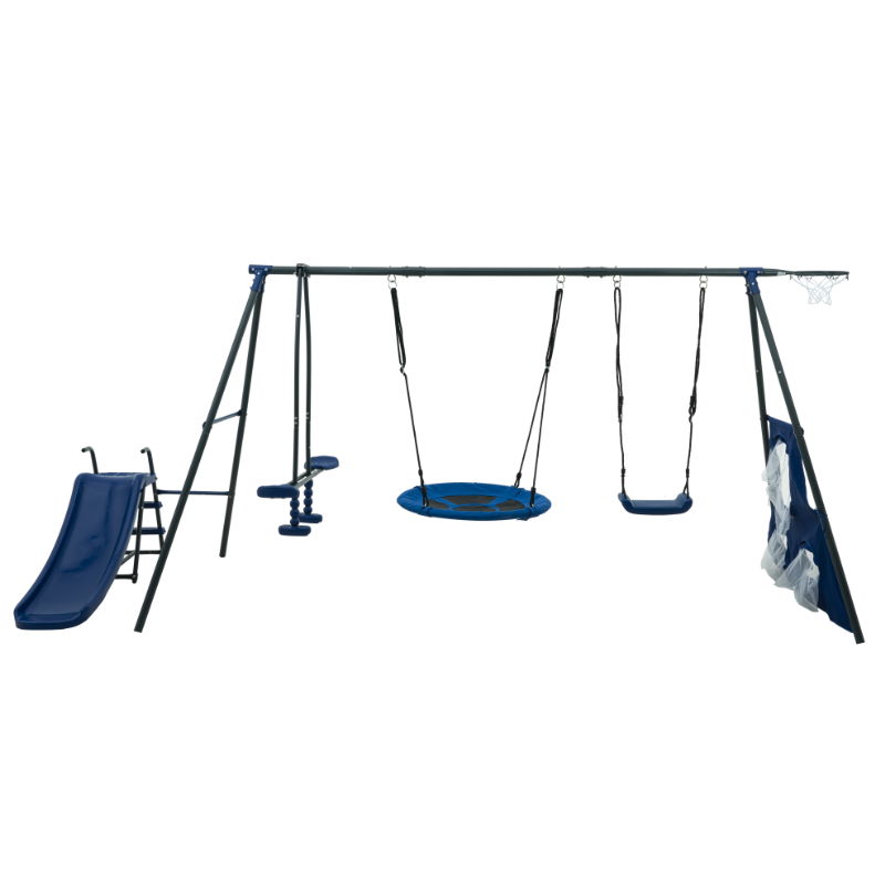 An Interesting Six Function Swingset featuring a 31.5" net swing, blue slide with steps, seesaw, traditional swing, and basketball hoop supported by a metal frame ladder; suitable for ages 3+, holds up to 440lbs.