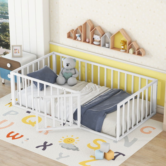 A child's room features a black metal floor bed frame with a fence and door, coverted from a crib. A plush bear and pillows rest on it. The floor displays a letter rug, while wooden animal decor sits on the shelf above pale yellow polka-dotted walls.