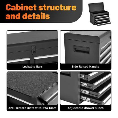 Collage highlighting the 5 Drawer Rolling Tool Storage Cabinet features: lockable wheels, detachable top toolbox, EVA foam anti-scratch liners, adjustable shelf and drawer slides. The black metal tool chest has a side raised handle with multiple drawers and compartments.