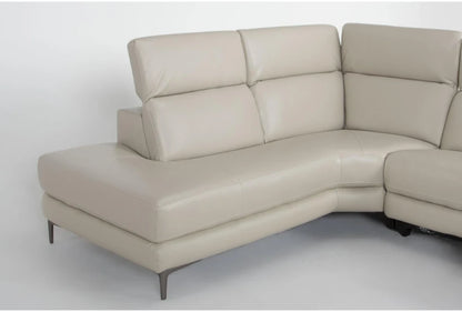 Introducing the Bennett Leather 2 Piece Reclining Sectional with Left Arm Facing Chaise—a chic, contemporary beige sectional featuring sleek lines and adjustable headrests. It boasts metal legs and is elegantly showcased against a plain white background.