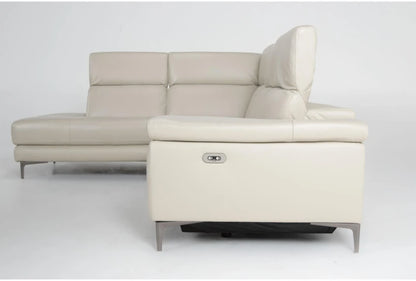 The Bennett Leather 2 Piece Reclining Sectional with Left Arm Facing Chaise is a contemporary beige sofa showcasing metal legs against a white backdrop. It boasts sleek lines and includes a button on the side for reclining adjustments.