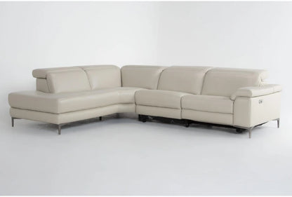 Introducing the Bennett Leather 2 Piece Reclining Sectional with a Left Arm Facing Chaise, a modern L-shaped piece in a cream color. It showcases sleek metal legs and is set against a plain white background. This sectional is designed with plush cushions and adjustable headrests for enhanced comfort.