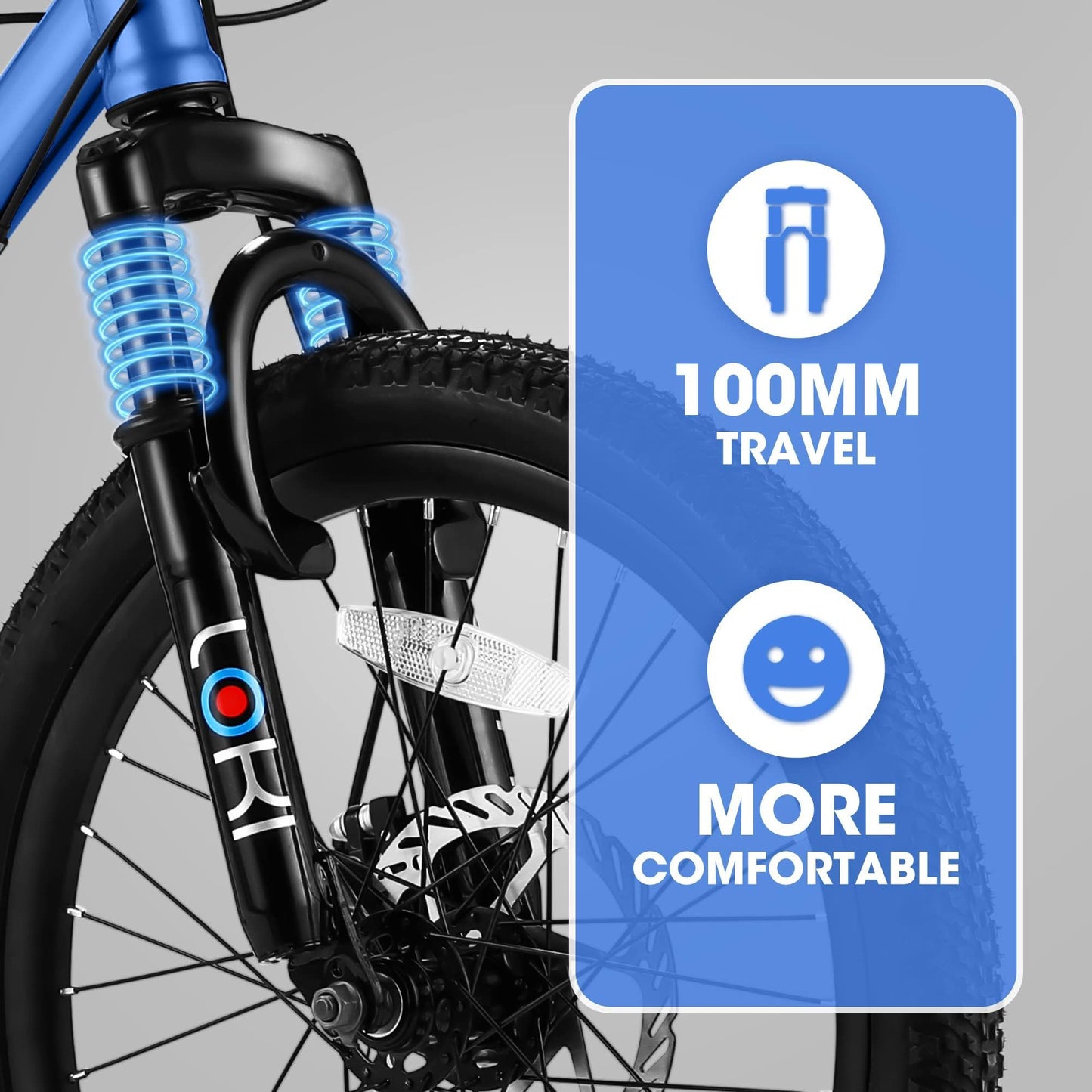 Close-up of the S20101 20" Kids' Bike's front suspension fork with "Loki" branding. A blue graphic shows a fork icon, "100MM TRAVEL," and a smiley face with "MORE COMFORTABLE." The bike features a large tire and blue high steel frame, suitable for ages 8-12.