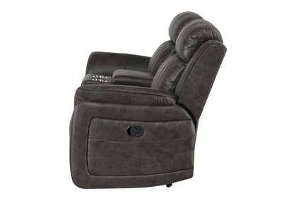 Side view of the Steban Console Reclining Loveseat in gray, featuring plush cushioning, two seats, two cup holders in the armrest, and a visible reclining mechanism on the side.