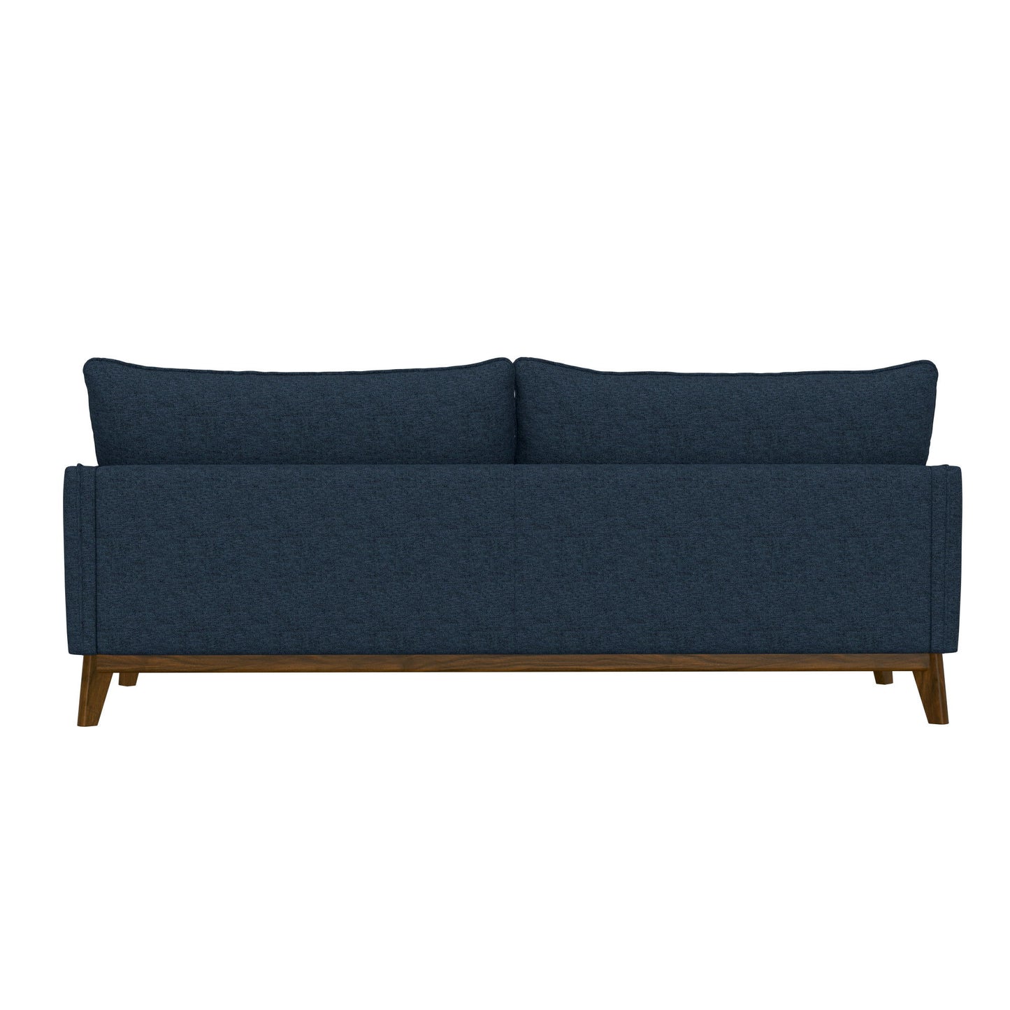 The Varia Blue Sofa showcases a modern, minimalist design with two back cushions and wooden legs, as viewed from the back.