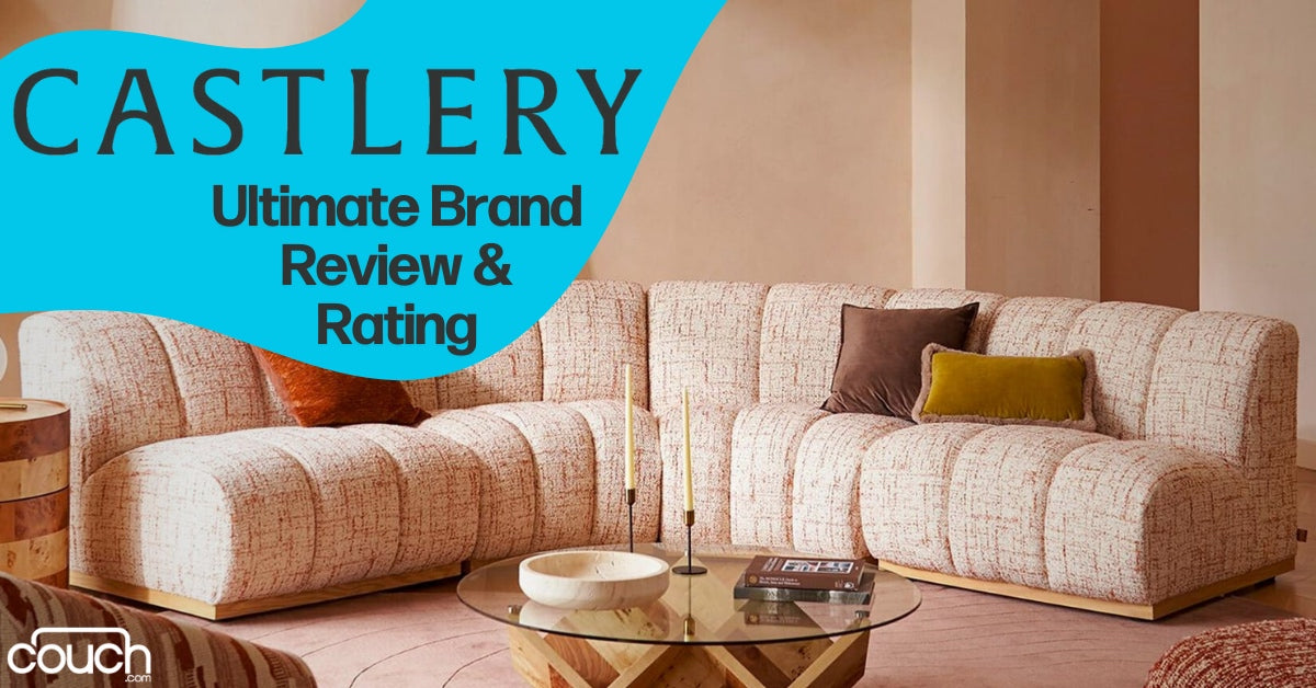 A cozy living room features a textured sectional sofa with pillows in various colors. A round coffee table is placed in front of the couch. Text reads "CASTLERY Ultimate Brand Review & Rating" and a logo is in the corner.