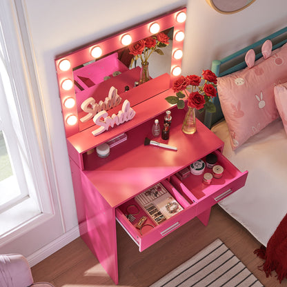 A Vanity Desk with Mirror and Lights showcases makeup, red roses in a vase, and "Smile" signs. Two open drawers hold more makeup beside a bed adorned with pink and white bedding and bunny ears pillows.