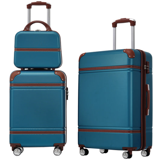 Two teal hardshell luggage pieces with brown accents and handles; both have four wheels and telescopic handles with a rectangular 24" suitcase and a box-shaped 20" top. Plus, there's a matching cosmetic case.