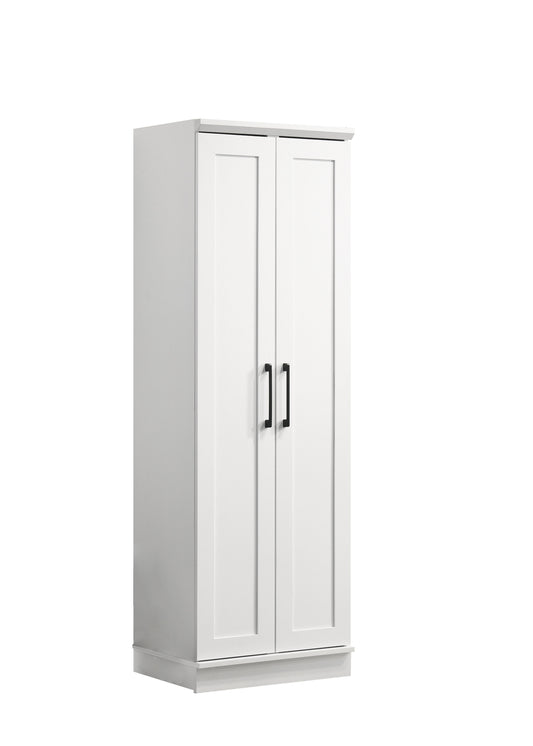 The Evelyn Sleek Storage Cabinet is a tall, white, two-door piece featuring black handles. It stands against a plain background with a modern design, slightly elevated base, and framed panel doors.