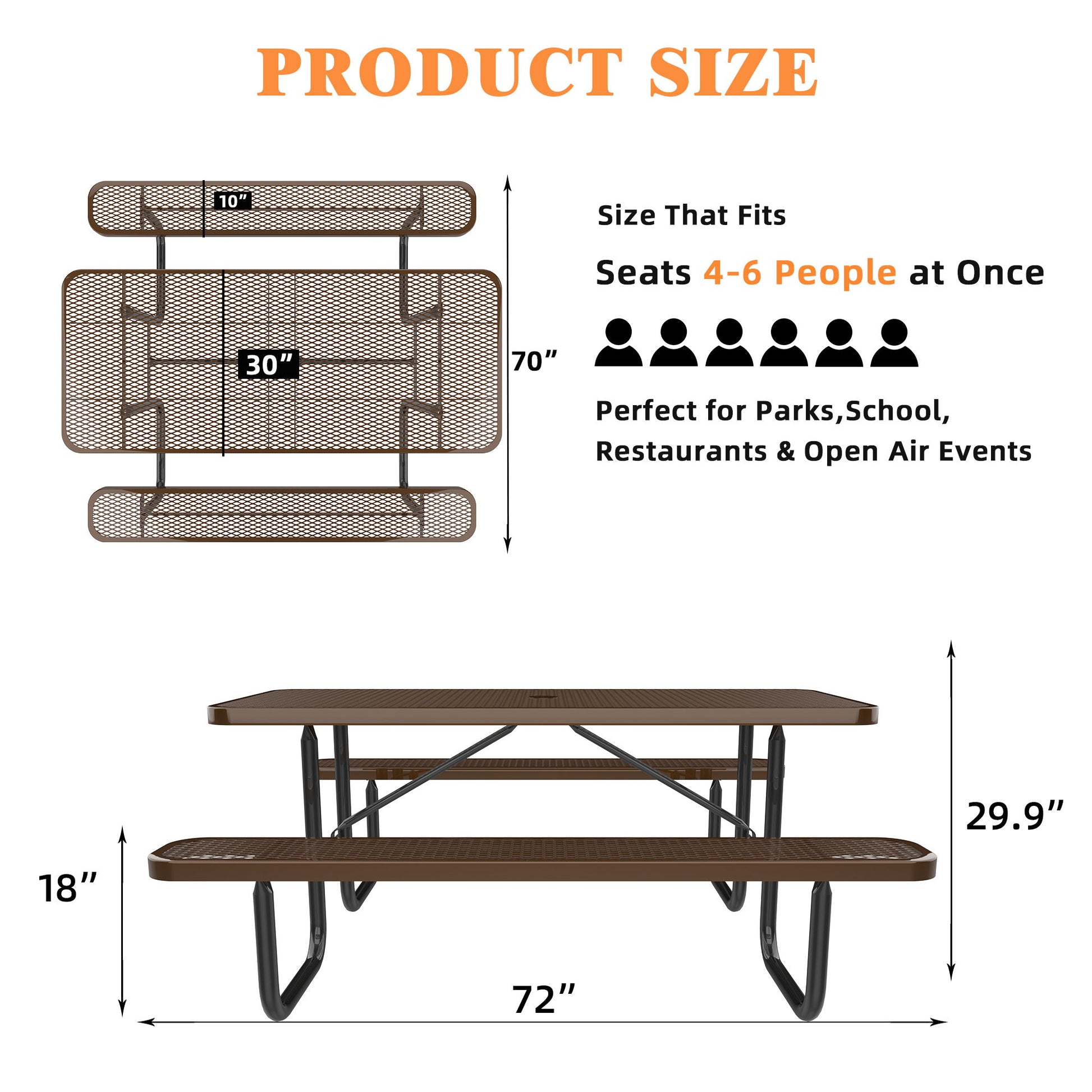 Illustration of the Expanded Rectangular Picnic Metal Table: 72" L x 30" W x 29.9" H, seats are 18" H x 70" L x 10" W. Accommodates 4-6 people, ideal for parks, schools, and events.