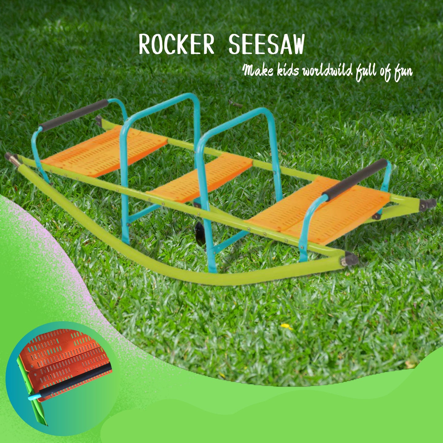 A grassy area features a three-seat Xss008 rocker seesaw with orange seats and a green frame, labeled "ROCKER SEESAW" and "Make kids world wild full of fun." A circular inset highlights the seat for this high-quality playground equipment designed for kids aged 3+.