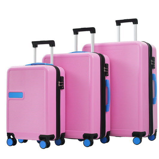 The Hardshell Luggage Sets feature three pink suitcases with black handles and blue spinner wheels, arranged in ascending size from left to right. Each has horizontal grooves and blue accents.