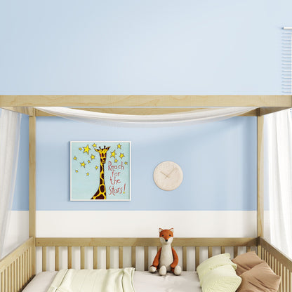 A children's room features a wooden canopy frame floor bed with fence and guardrails, white and green bedding, and a stuffed fox toy. Light blue walls show a giraffe painting with "Reach for the Stars!" A round clock hangs nearby.