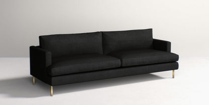 The Bowen 91" Sofa, featuring a modern design with a black finish, sleek gold legs, and two cushions, is set against a plain light-colored background.