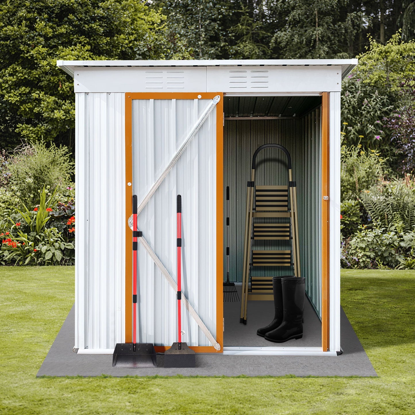 A Garden Sheds 5FtX4Ft Outdoor Storage Shed with its door open reveals a ladder and black boots inside, while a spade and rake lean against it. Surrounded by grass and plants, this metal garden shed is perfect for organizing your outdoor essentials.