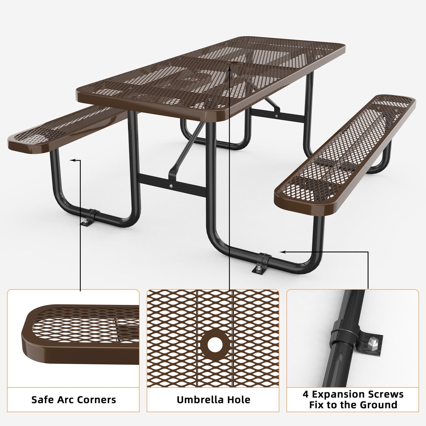 The Expanded Rectangular Picnic Metal Table in brown comes with two attached benches, safe arc corners, and a perforated metal design. It includes an umbrella hole and four expansion screws for secure ground fixing.