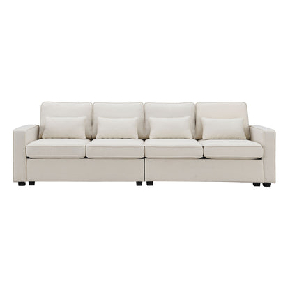 4 Seater Modern Linen Sofa With Armrest Pockets And 4 Pillows, Minimalist Style Couch For Living Room