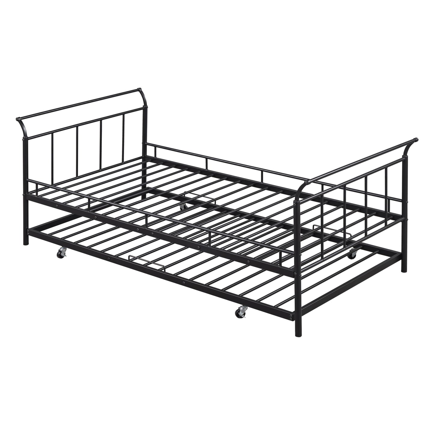 The black metal Daybed With Curved Handle Design And Trundle features sleek vertical bars and lines. Both the daybed and trundle, which is neatly tucked underneath, are supported by small wheels for easy movement.