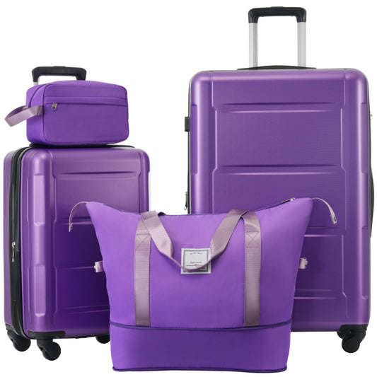 A set of two expandable, lightweight purple luggage pieces with spinner wheels: a 20" carry-on and a 28" suitcase, designed with a sleek appearance and TSA lock.